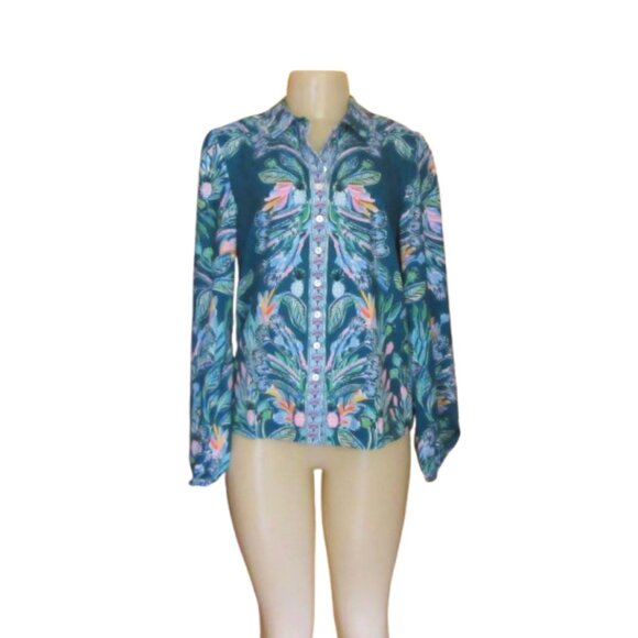 Lilly Pulitzer Tavia Top Valencia Teal Rain Florist Engineered Blouse Size S - Picture 1 of 7